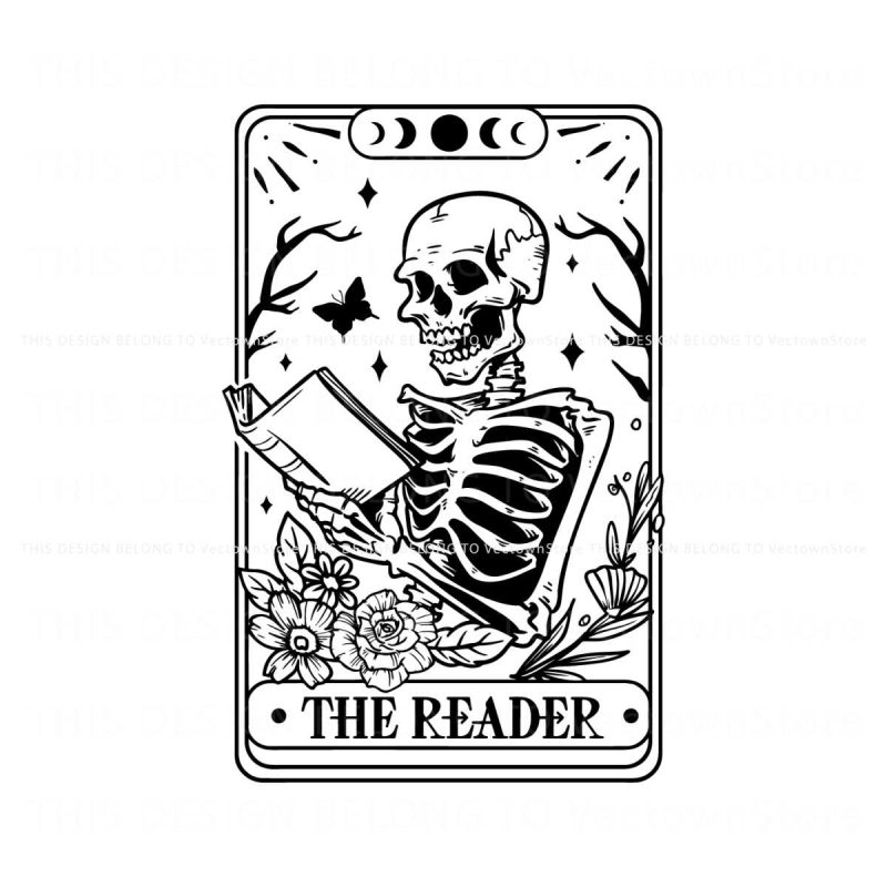 the-reader-tarot-card-skeleton-read-book-svg-digital-file