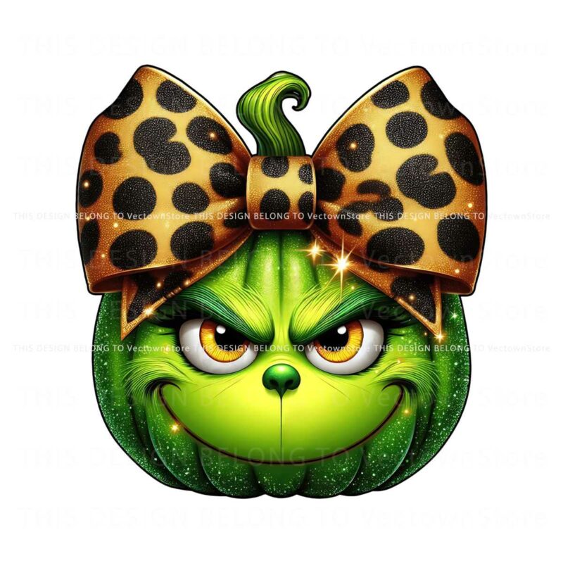 pumpkin-grinch-head-glitter-leopard-coquette-bow-png