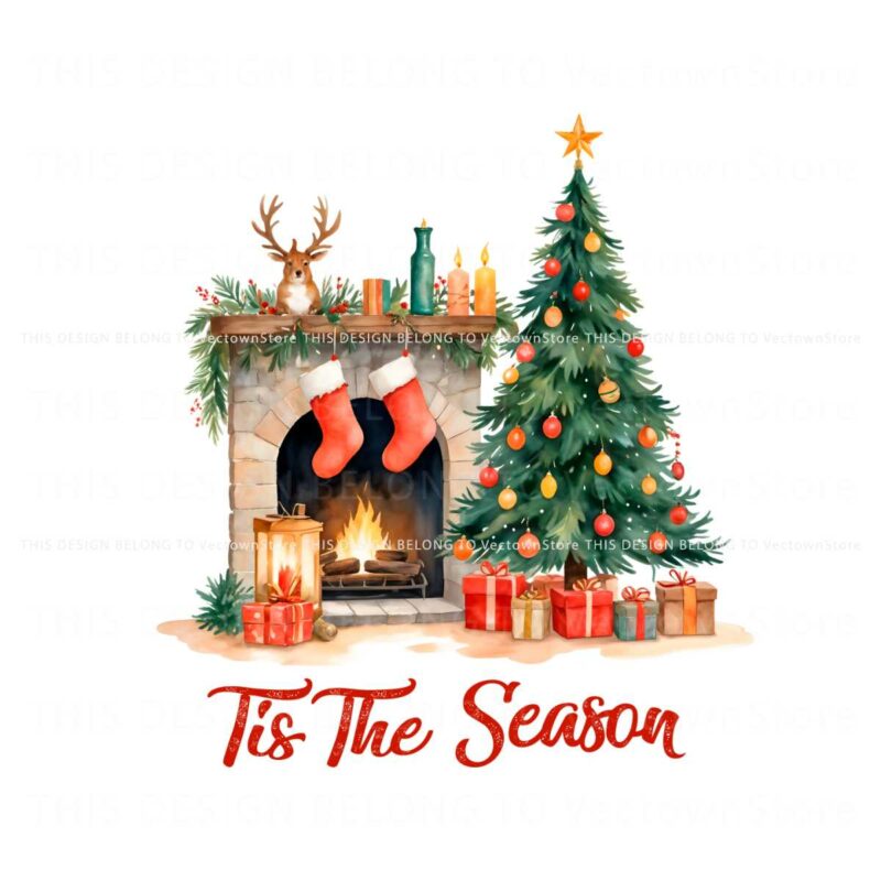 retro-tis-the-season-christmas-fireplace-with-tree-svg