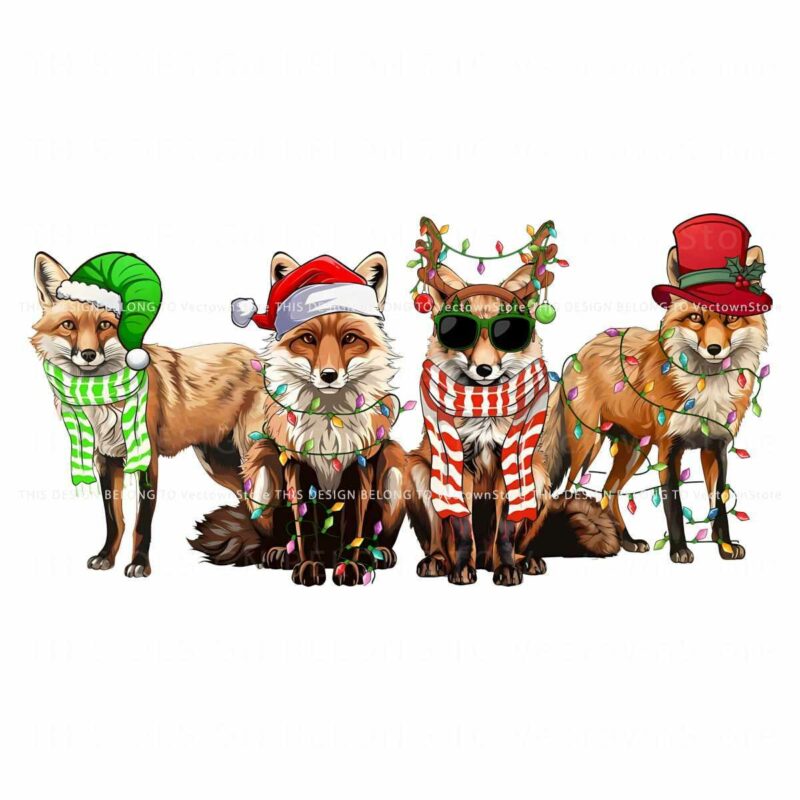 Festive Fox Crew in Santa Hats with Christmas Lights PNG