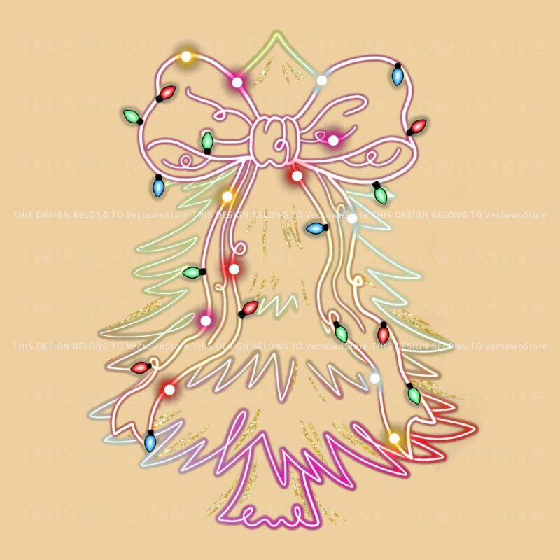 Sparkling Neon Christmas Tree Coquette Bow PNG